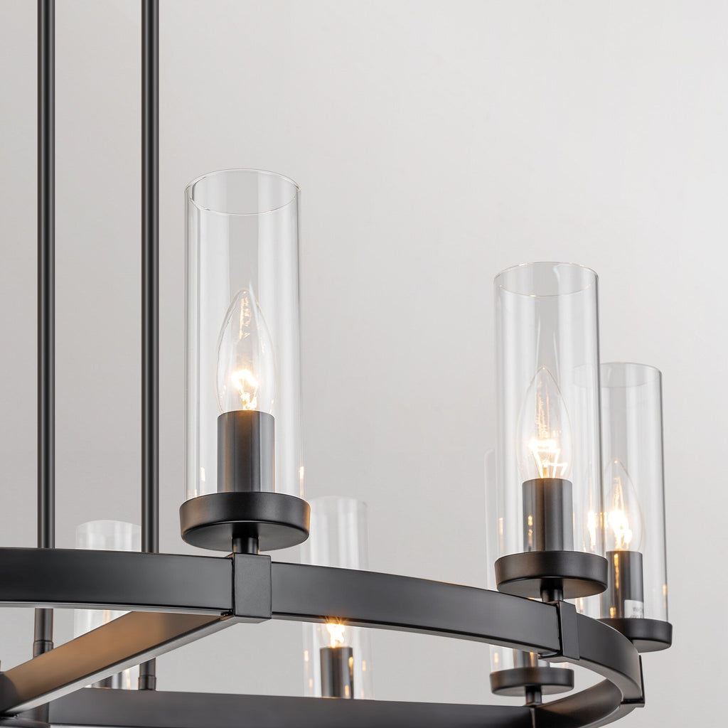 12-Light Mid-Century Modern Cylinder Clear Glass Wagon Wheel Chandelier Gold/Black Large Chandelier