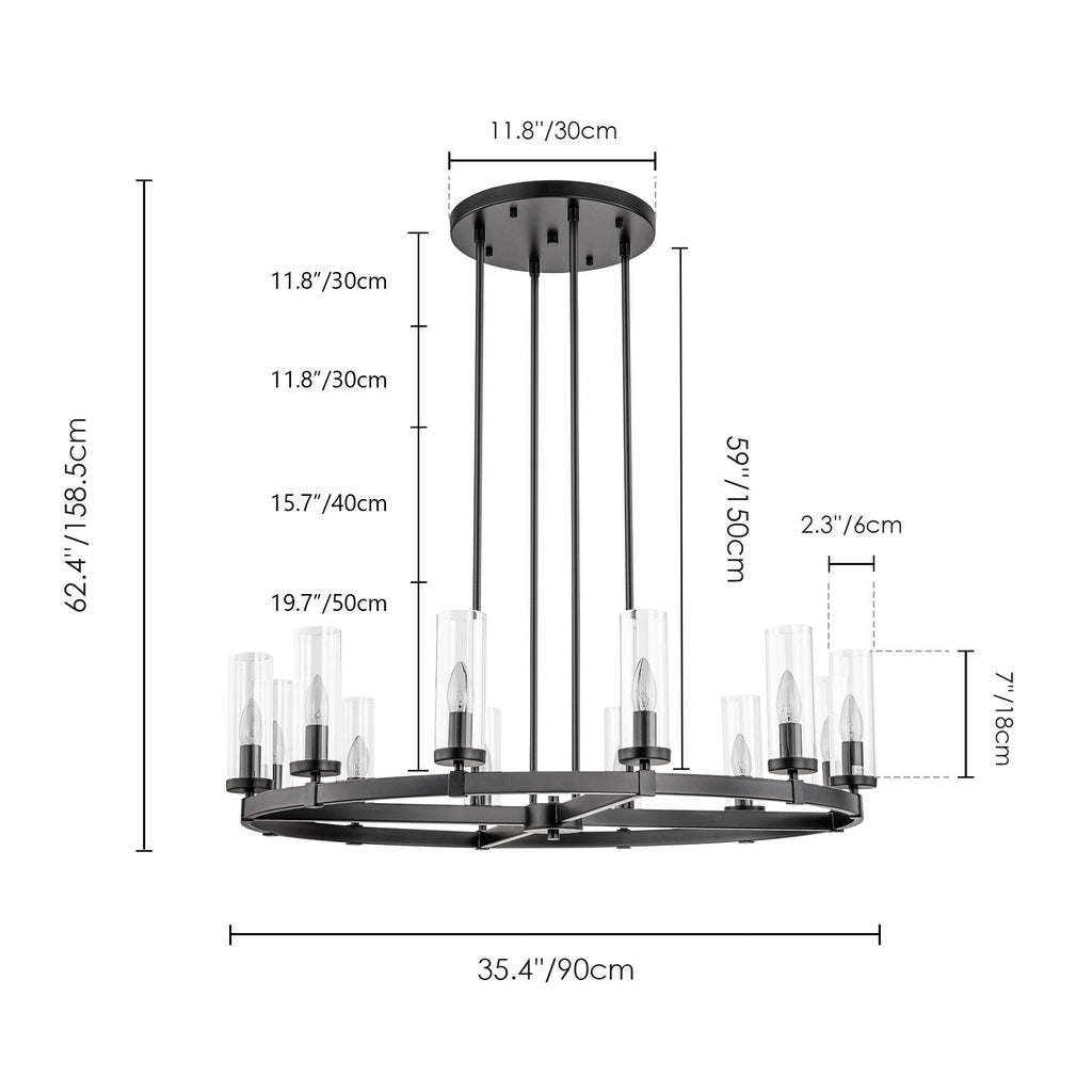 12-Light Mid-Century Modern Cylinder Clear Glass Wagon Wheel Chandelier Gold/Black Large Chandelier