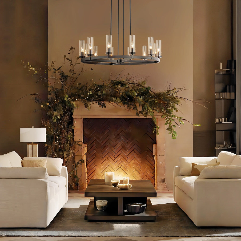 12-Light Mid-Century Modern Cylinder Clear Glass Wagon Wheel Chandelier Gold/Black Large Chandelier