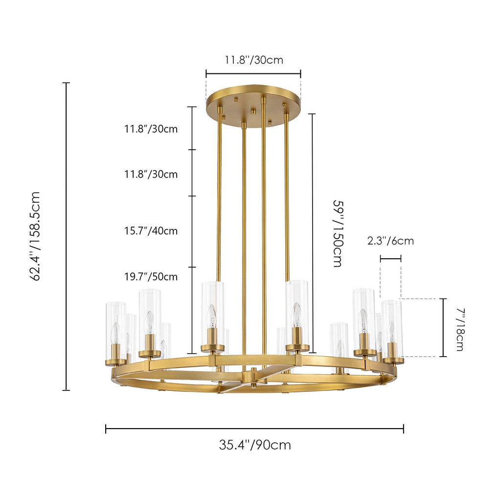 12-Light Mid-Century Modern Cylinder Clear Glass Wagon Wheel Chandelier Gold/Black Large Chandelier