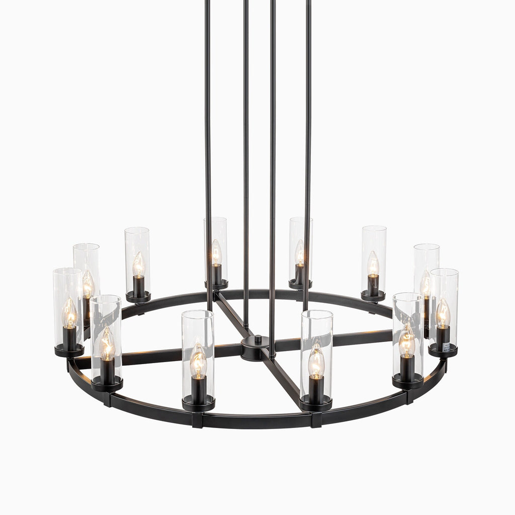 12-Light Mid-Century Modern Cylinder Clear Glass Wagon Wheel Chandelier Gold/Black Large Chandelier