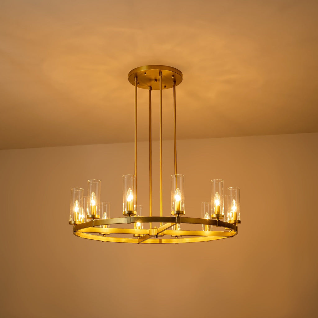 12-Light Mid-Century Modern Cylinder Clear Glass Wagon Wheel Chandelier Gold/Black Large Chandelier