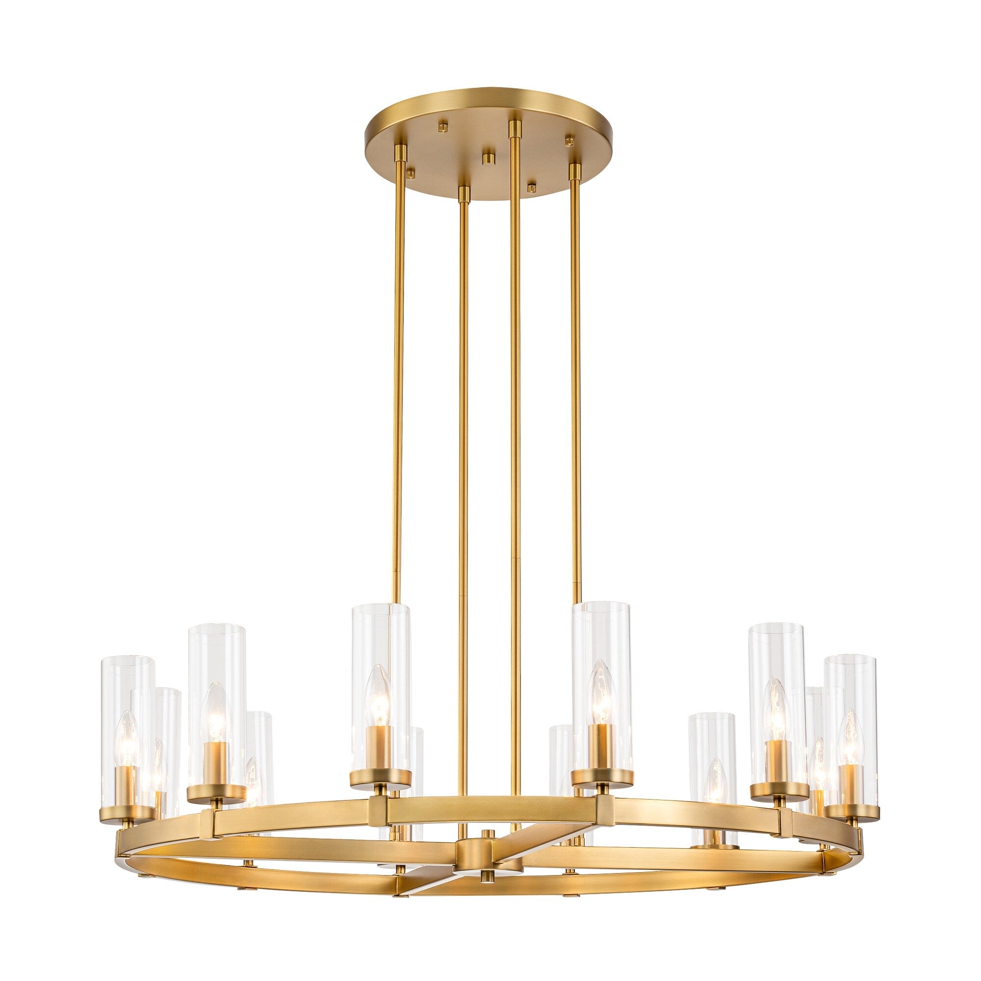 12-Light Mid-Century Modern Cylinder Clear Glass Wagon Wheel Chandelier Gold/Black Large Chandelier