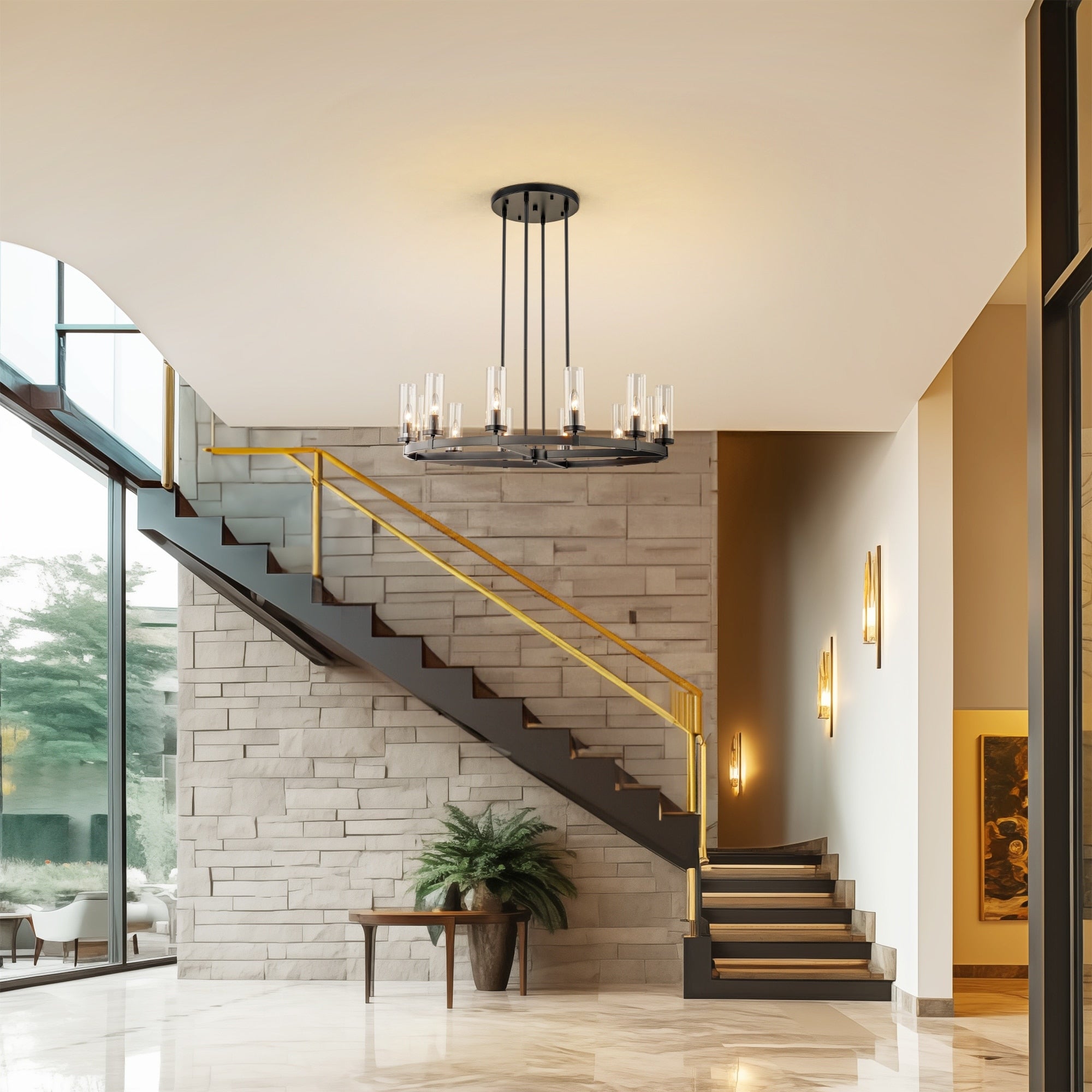 12-Light Mid-Century Modern Cylinder Clear Glass Wagon Wheel Chandelier Gold/Black Large Chandelier