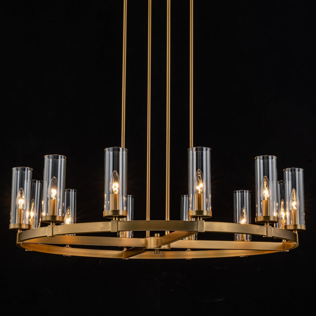 12-Light Mid-Century Modern Cylinder Clear Glass Wagon Wheel Chandelier Gold/Black Large Chandelier