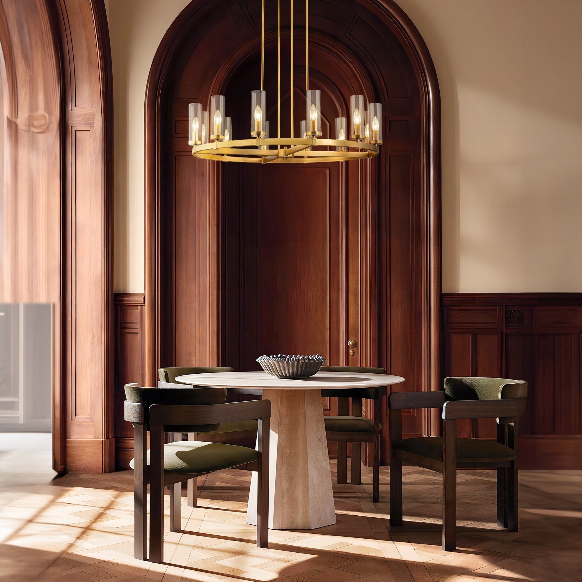 12-Light Mid-Century Modern Cylinder Clear Glass Wagon Wheel Chandelier Gold/Black Large Chandelier