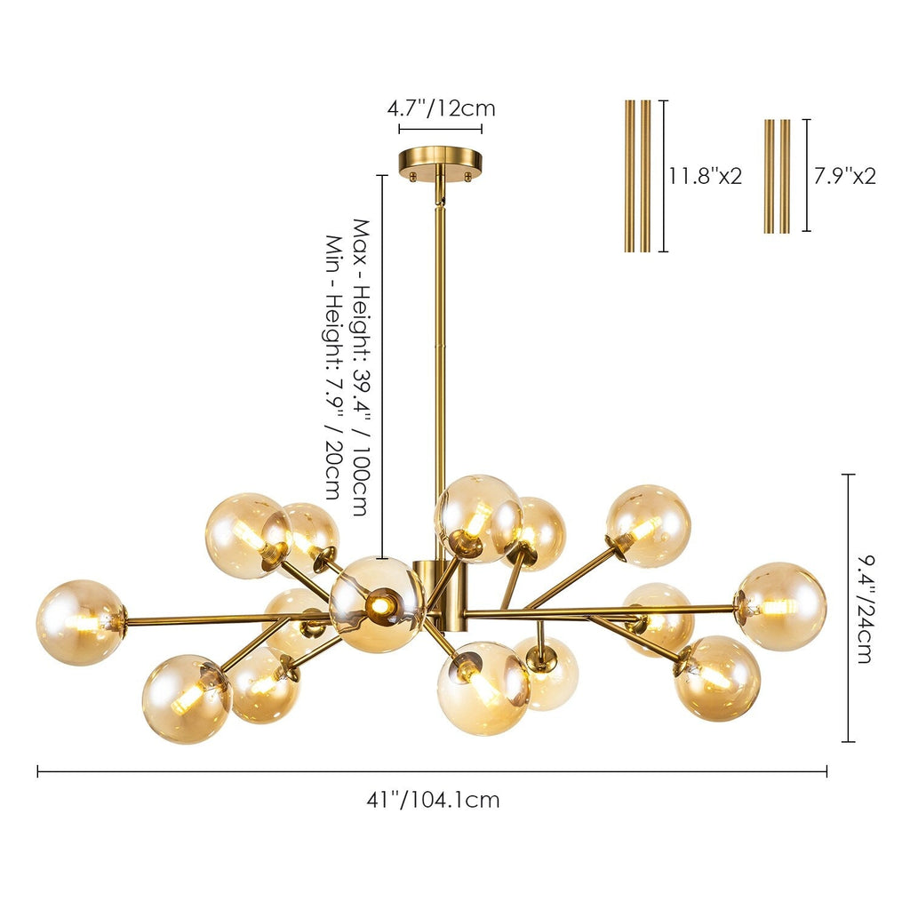 15-Light Modern Linear Sputnik Kitchen Island Light Branch Cluster Glass Globe Bubble Chandelier