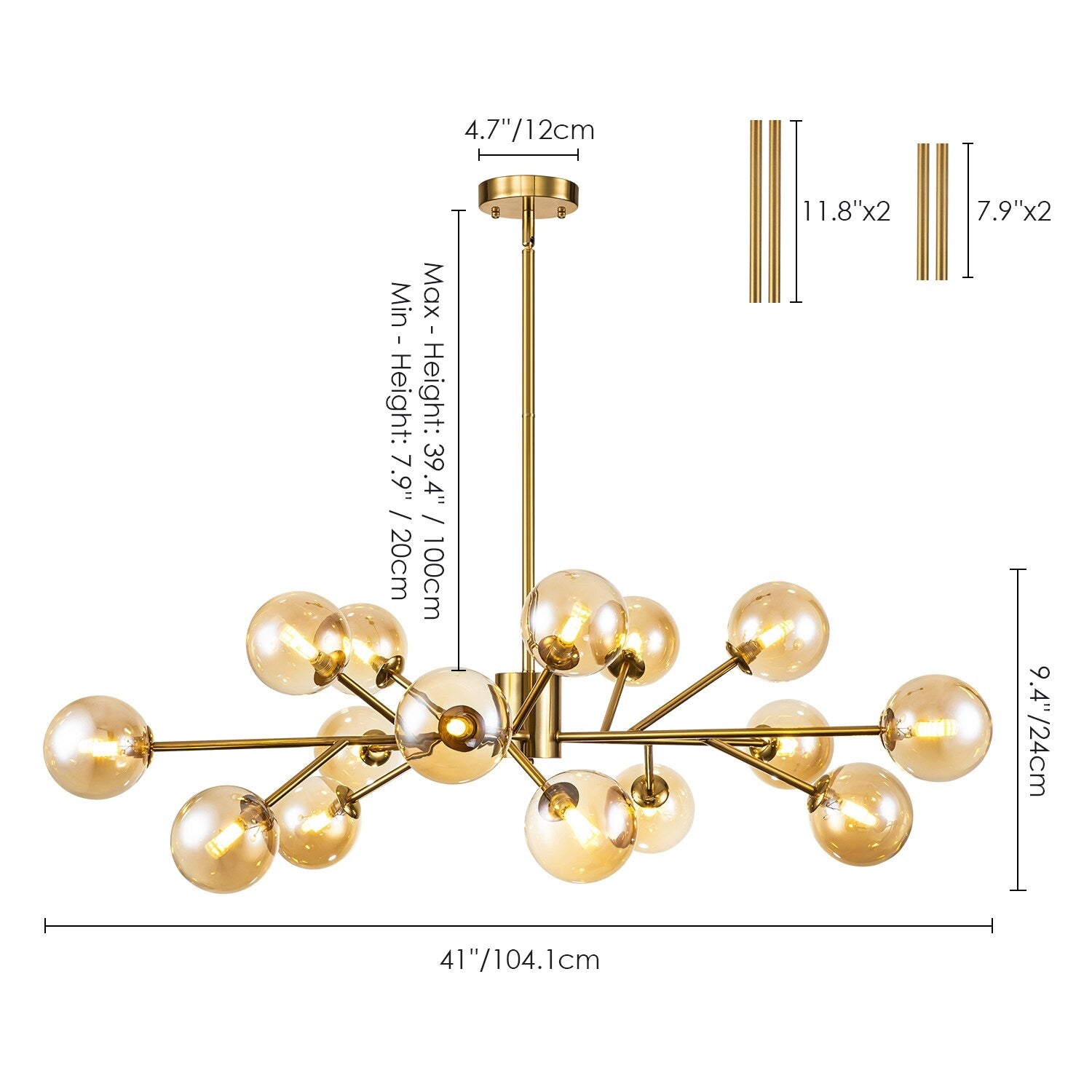 15-Light Modern Linear Sputnik Kitchen Island Light Branch Cluster Glass Globe Bubble Chandelier