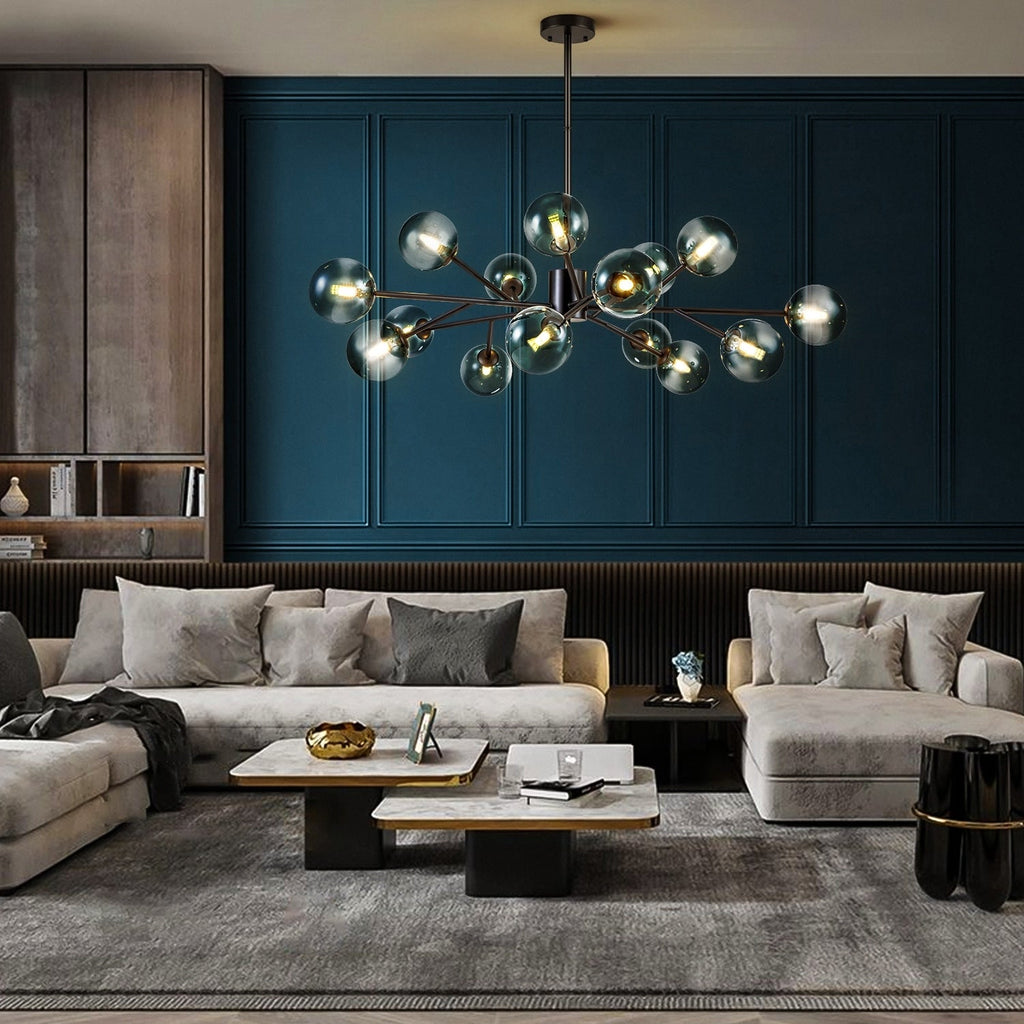 15-Light Modern Linear Sputnik Kitchen Island Light Branch Cluster Glass Globe Bubble Chandelier