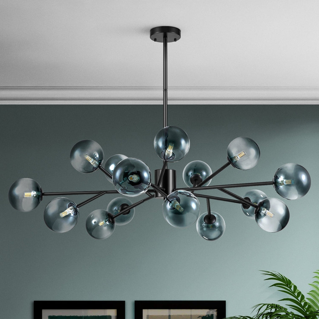 15-Light Modern Linear Sputnik Kitchen Island Light Branch Cluster Glass Globe Bubble Chandelier