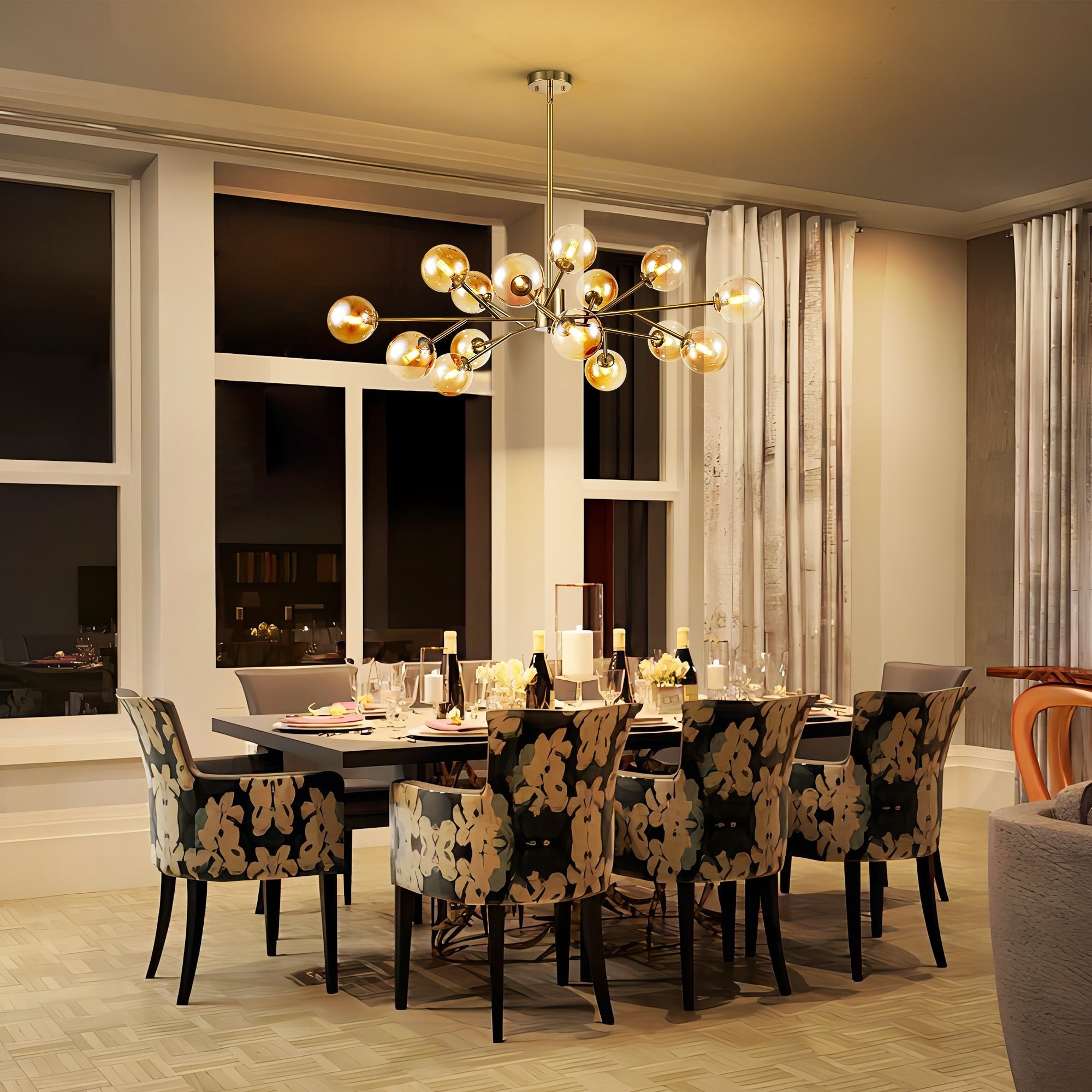 15-Light Modern Linear Sputnik Kitchen Island Light Branch Cluster Glass Globe Bubble Chandelier