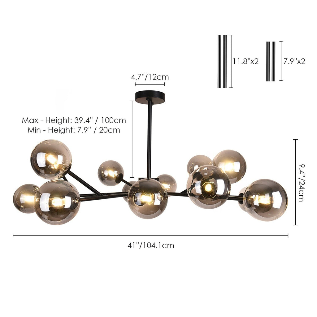 15-Light Modern Linear Sputnik Kitchen Island Light Branch Cluster Glass Globe Bubble Chandelier