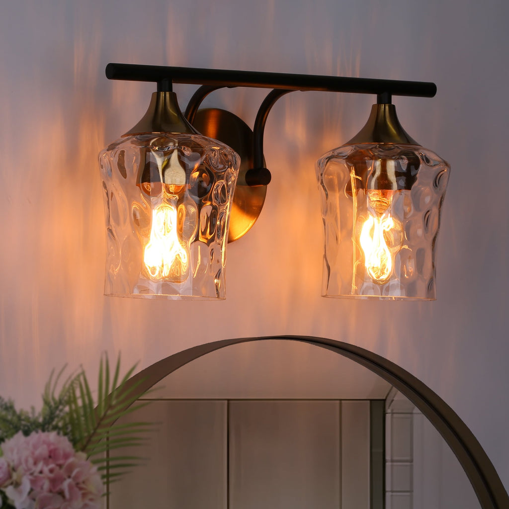 2/3/4-Light Modern Gold Black Bathroom Vanity Light Wall Sconce with Hammered Glass