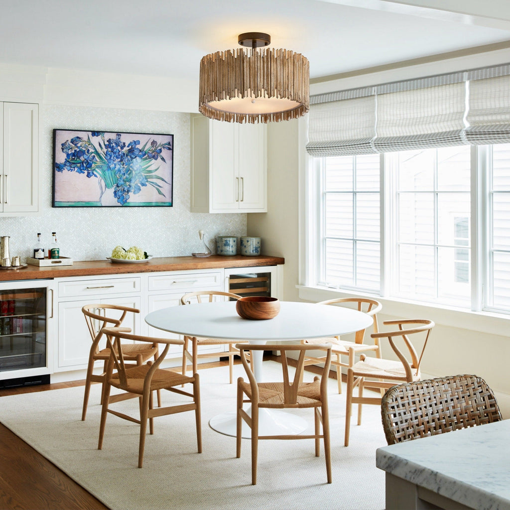 Distressed White 3-Light Wood Drum Semi-Flush Mount Ceiling Light