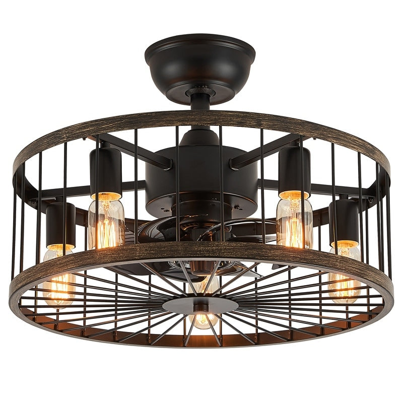 20 in. Low Profile Ceiling Fan Light Modern Farmhouse Wood Finish Caged Ceiling Fan with Light and Remote