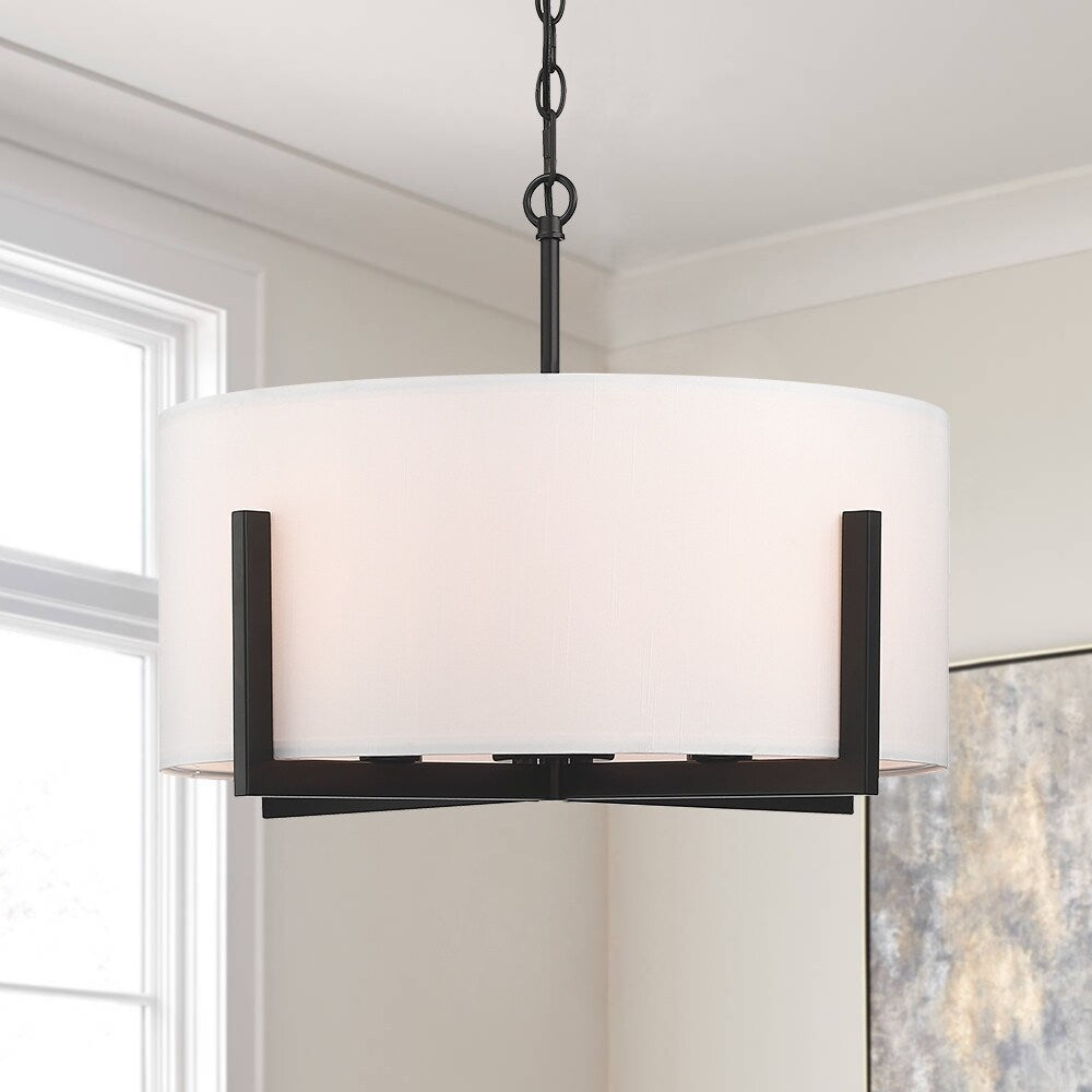 22 in. 4-Light Matte Black Chandelier Pendant Light with White Drum Shade - 22W