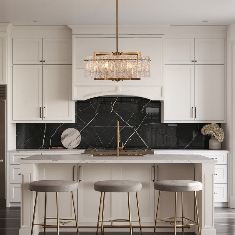 26 in. Gold Modern Drum Crystal Chandelier 6-Light Glam Dimmable Pendant Light Kitchen Island with Frosted Glass for Dining Room