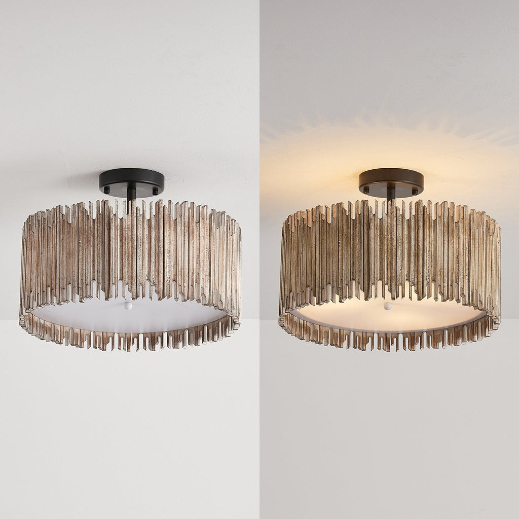 Distressed White 3-Light Wood Drum Semi-Flush Mount Ceiling Light