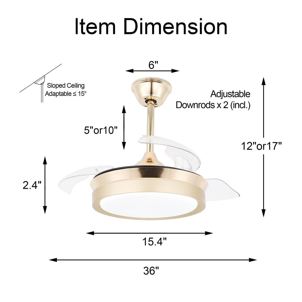 Bella Depot 36 Modern Retractable Ceiling Fan with Led Light, 6-Speed Reversible Blades with Remote