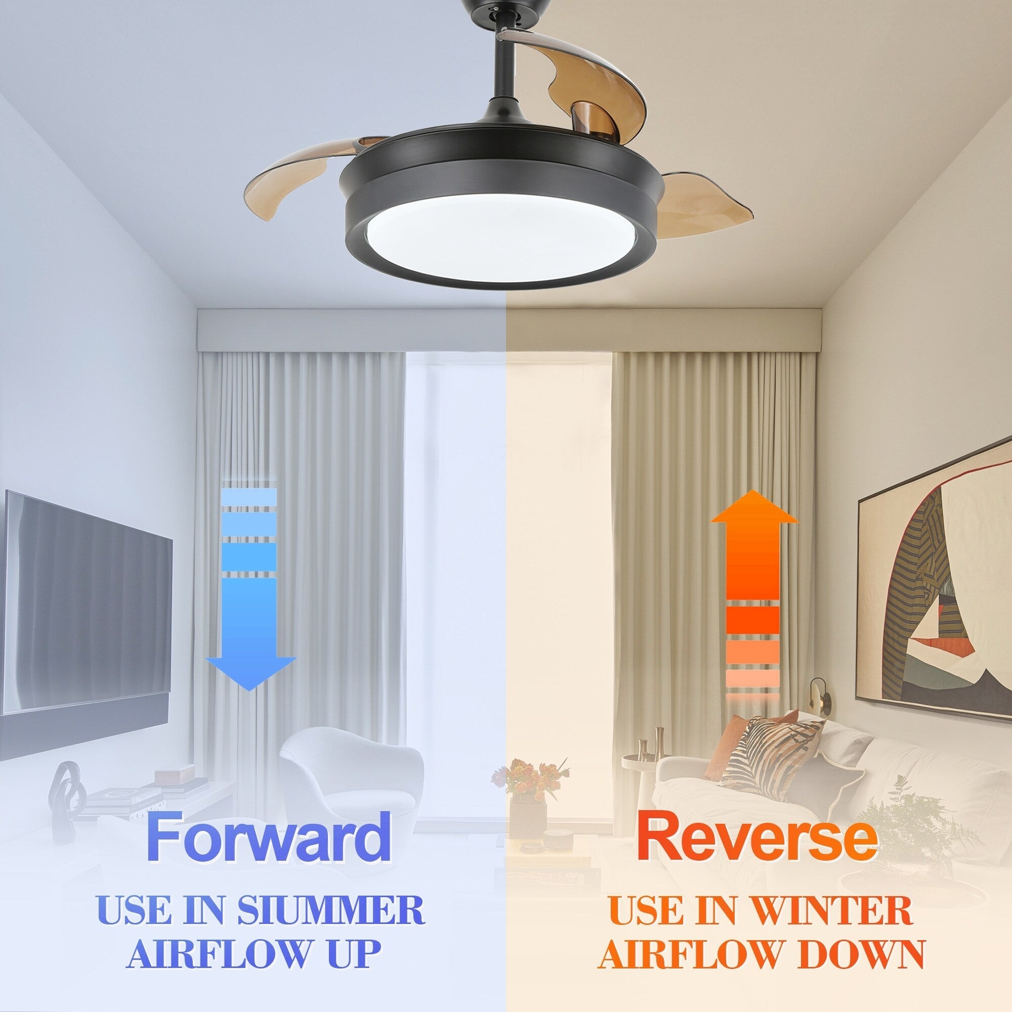 Bella Depot 36 Modern Retractable Ceiling Fan with Led Light, 6-Speed Reversible Blades with Remote