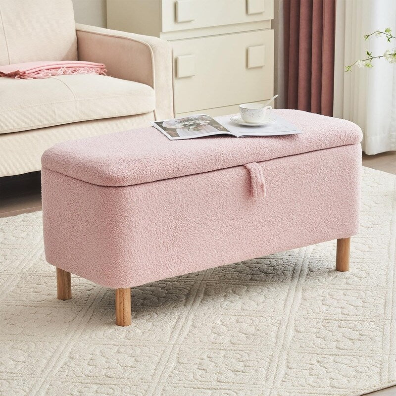 39.5 Off White Boucle Storage Ottoman Bench Sherpa Storage Bench Ottoman Foot Rest End of Bed for Living Room Bedroom,Wood Leg