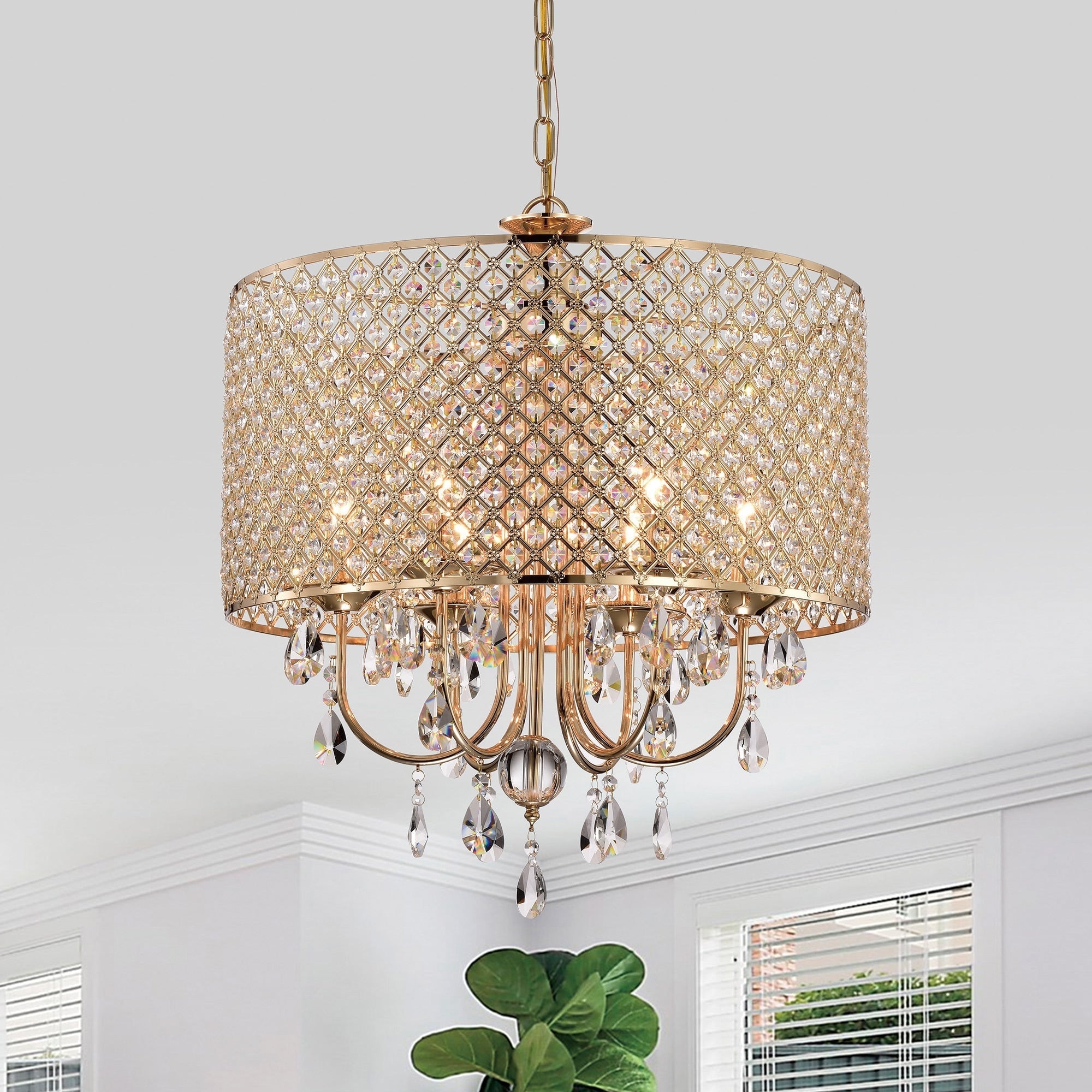 Round Beaded Drum Chandelier with Hanging Crystals