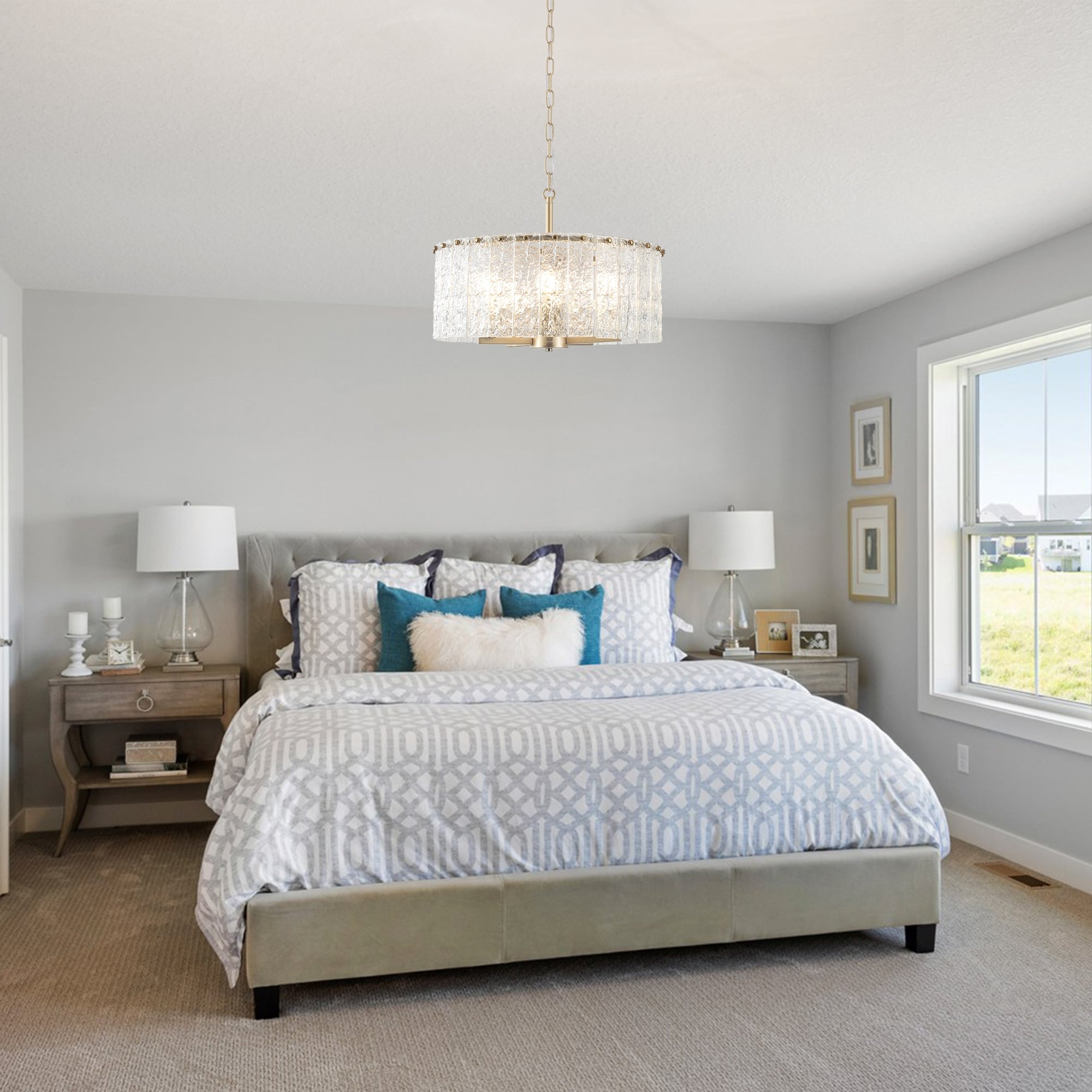 5-Light Modern Round Drum Chandelier, Classic Semi Flush Mount Chandelier, Kitchen Island Pendant Light for Dining Room