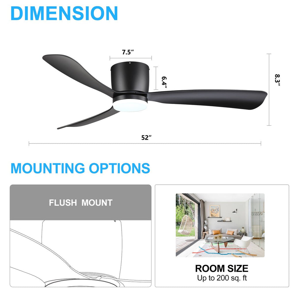 52 Inch Black/White Flush Mount LED Ceiling Fan with Lights Remote(3-Blade)