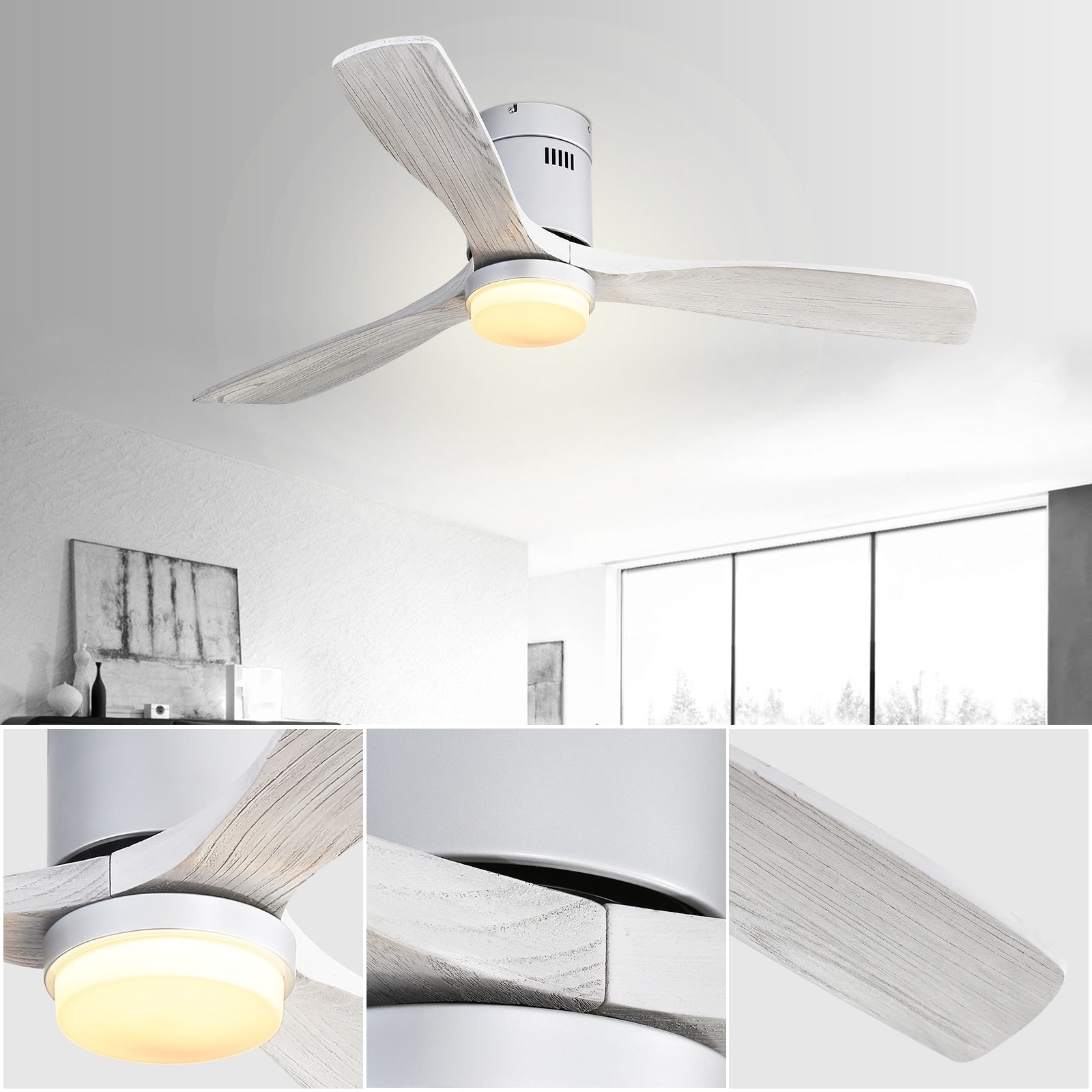 Sofucor 52 Inch Flush Mount Ceiling Fan with Remote, Reversible Motor,Integrated Light Optional