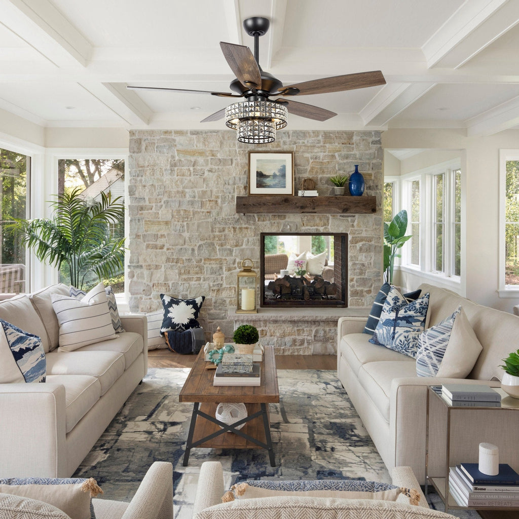 52-inch Chrome Wooden 5-blade Modern Crystal Ceiling Fan with Remote