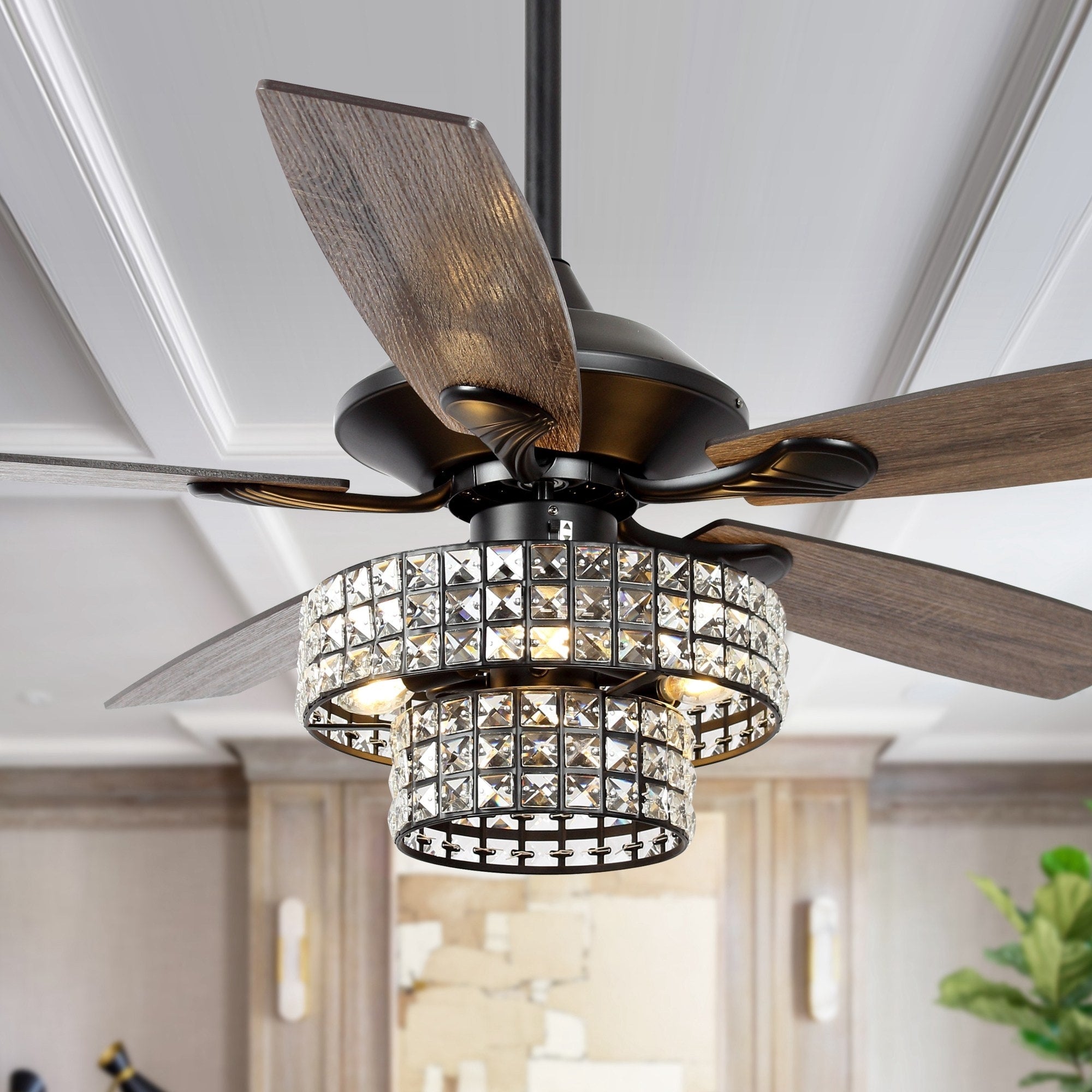52-inch Chrome Wooden 5-blade Modern Crystal Ceiling Fan with Remote