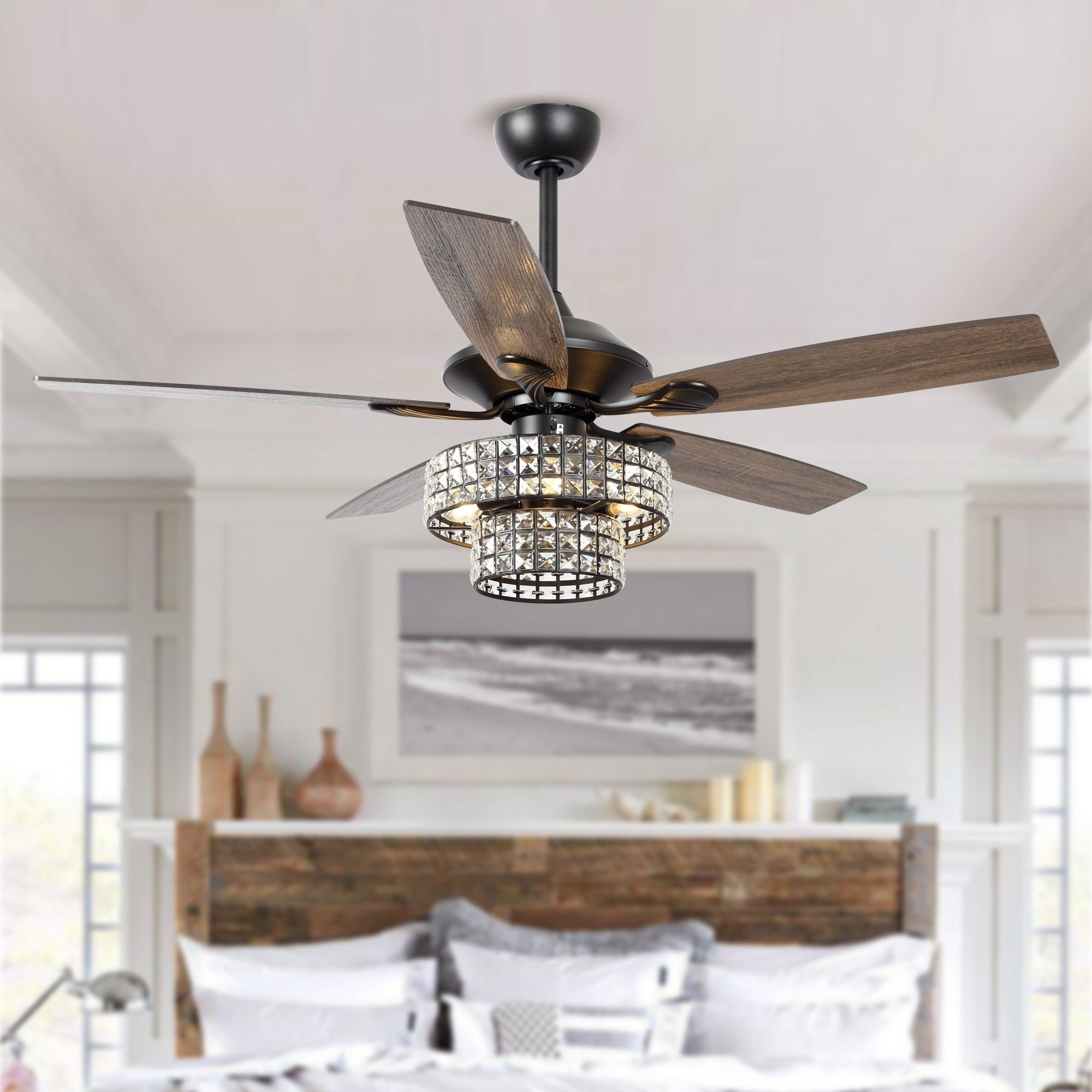 52-inch Chrome Wooden 5-blade Modern Crystal Ceiling Fan with Remote