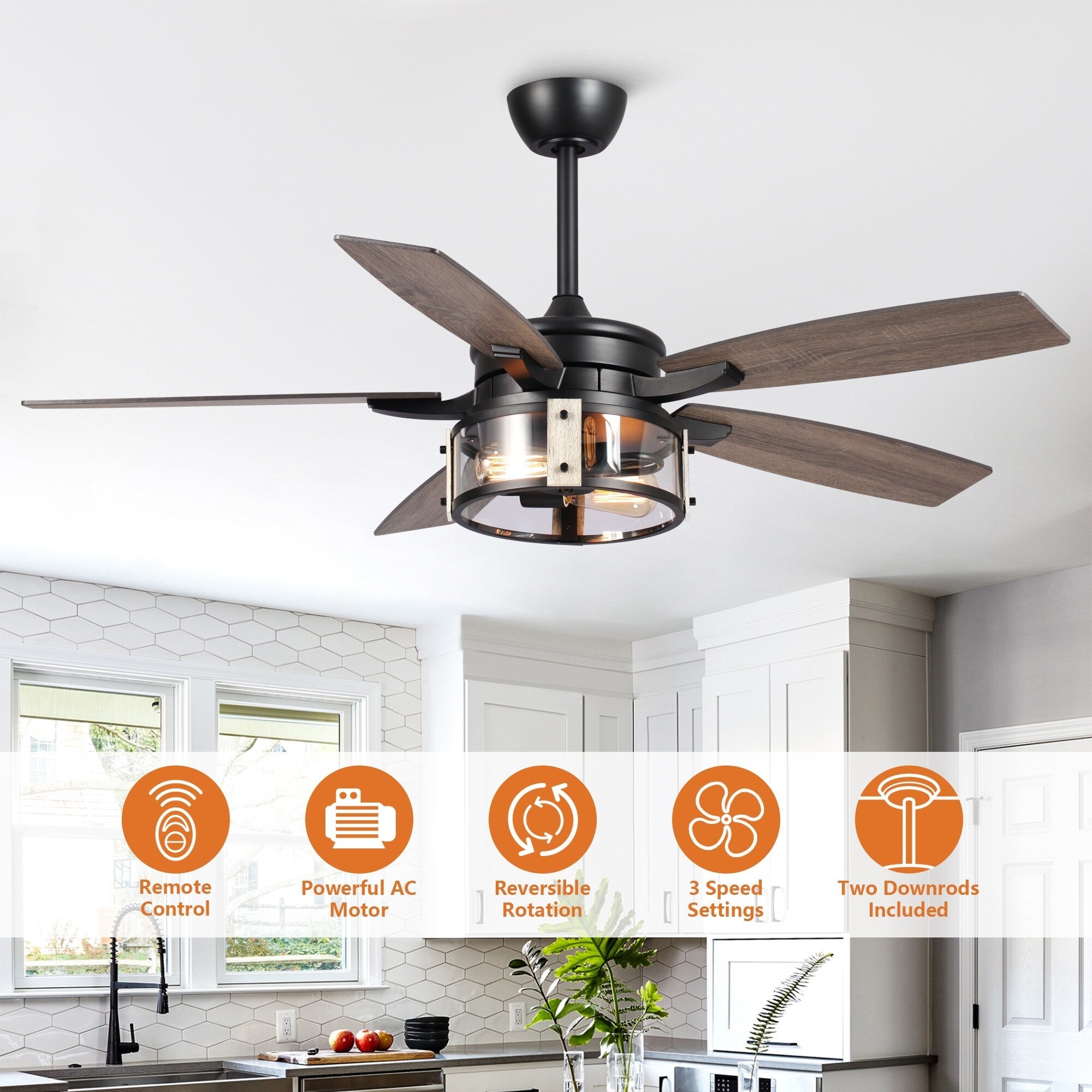 52 Rustic Black Wood 5-Blade Indoor Ceiling Fan with Remote