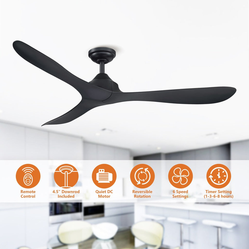 56 Modern Black 3-Blade Propeller DC Ceiling Fan with Remote