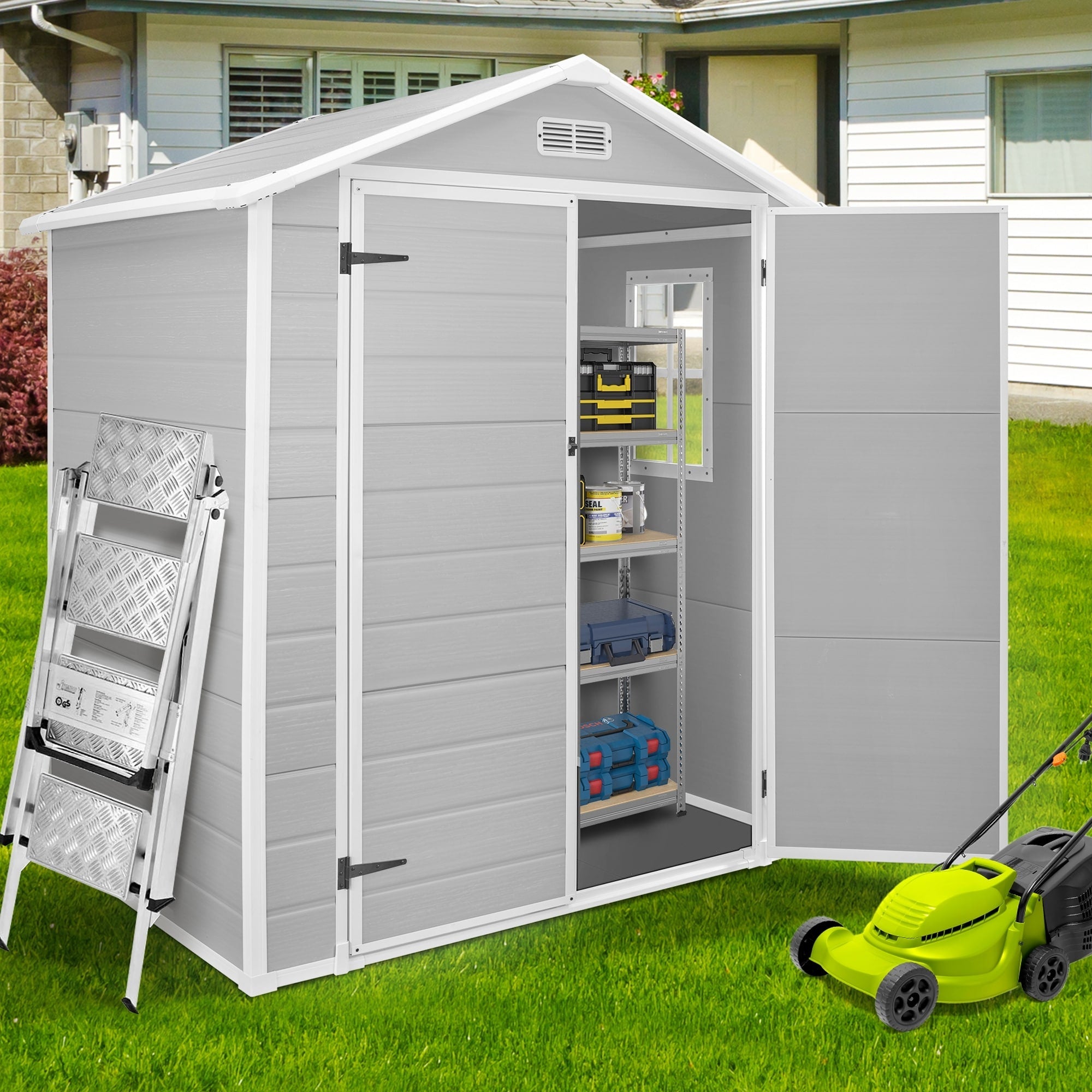 6 ft x 4 ft/6 ft x 8 ft/8 ft x 6 ft/8 ft x 10 ft All-Weather Resin Outdoor Plastic Storage Shed w/Floor, Spire Tool Shed