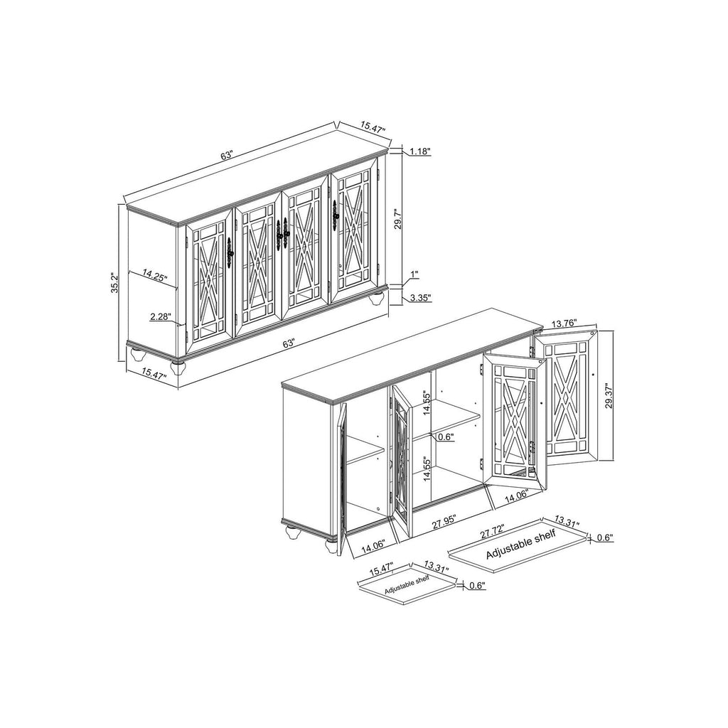 63 Vintage Style Wood Kitchen Accent Buffet Sideboard Cabinet - 63 in Width