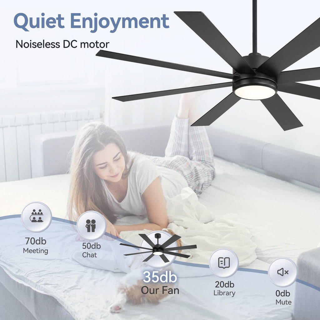 65 Inch 8-Blade Black LED Ceiling Fan with Light and Remote