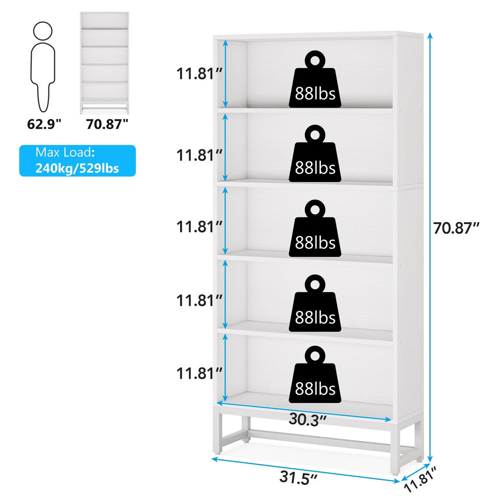 70.8 Inches Tall Bookcase and Bookshelf, 5-Tier Large Bookcases - 11.81D x 31.5W x 70.87H
