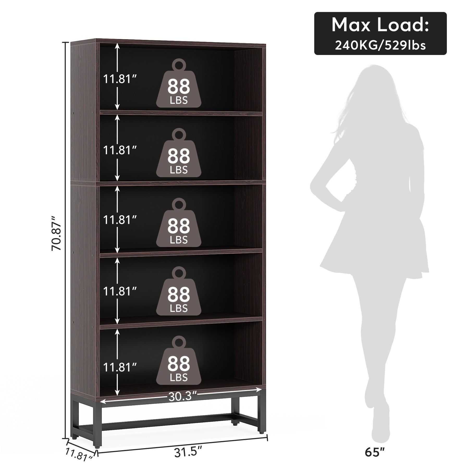 70.8 Inches Tall Bookcase and Bookshelf, 5-Tier Large Bookcases - 11.81D x 31.5W x 70.87H
