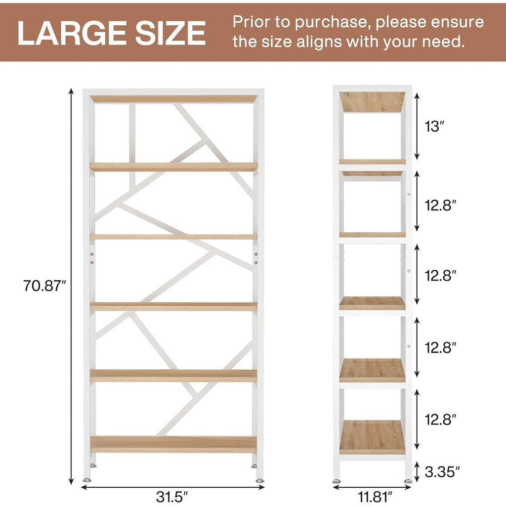 71 Industrial Bookshelf, 6 Tier Rustic Brown Wood Etagere Bookcase, Open Book Shelves