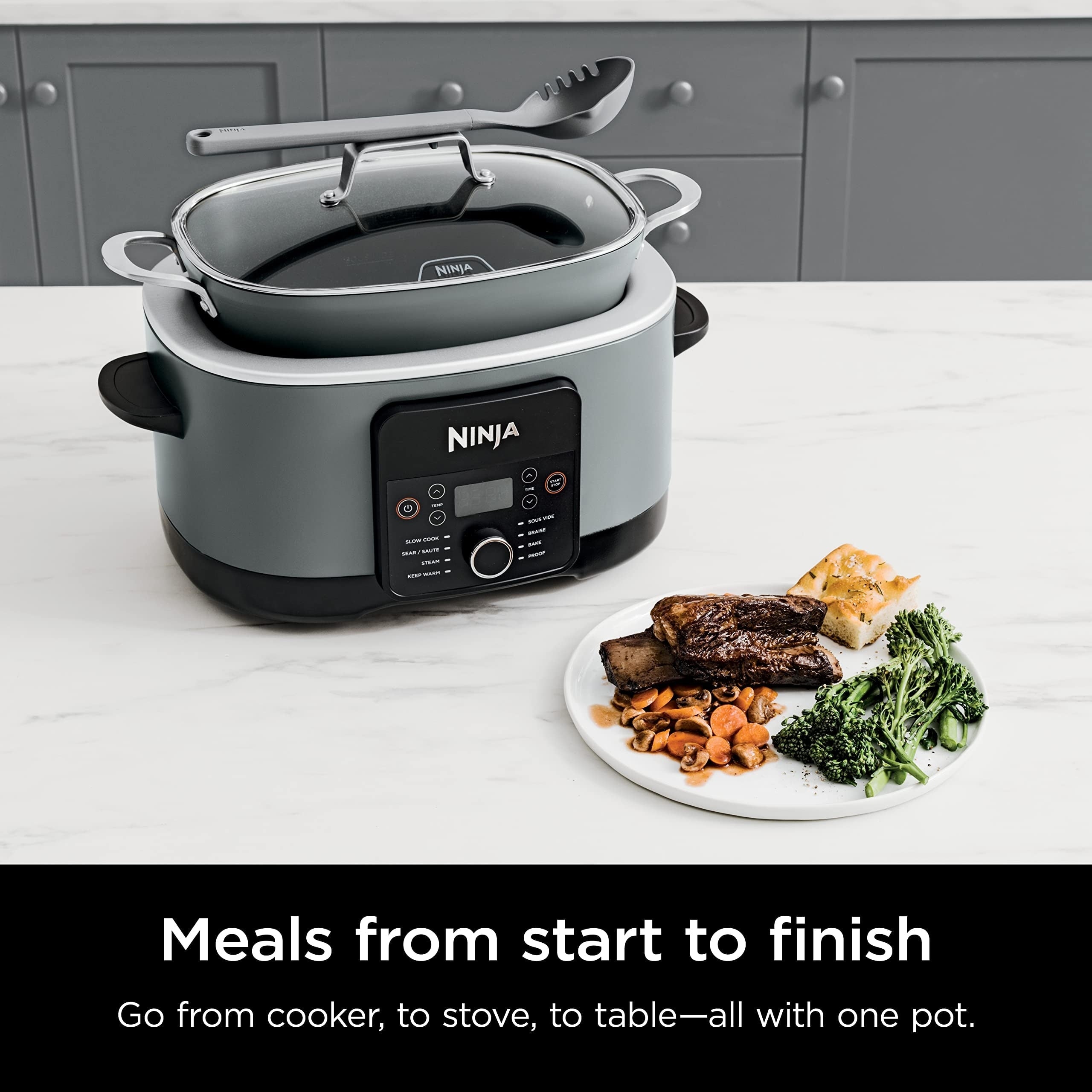 8.5 Quart Multi-Cooker, with 8-in-1 Slow Cooker, Dutch Oven, Steamer, Glass Lid, Integrated Spoon, Oven Safe Pot to 500°F
