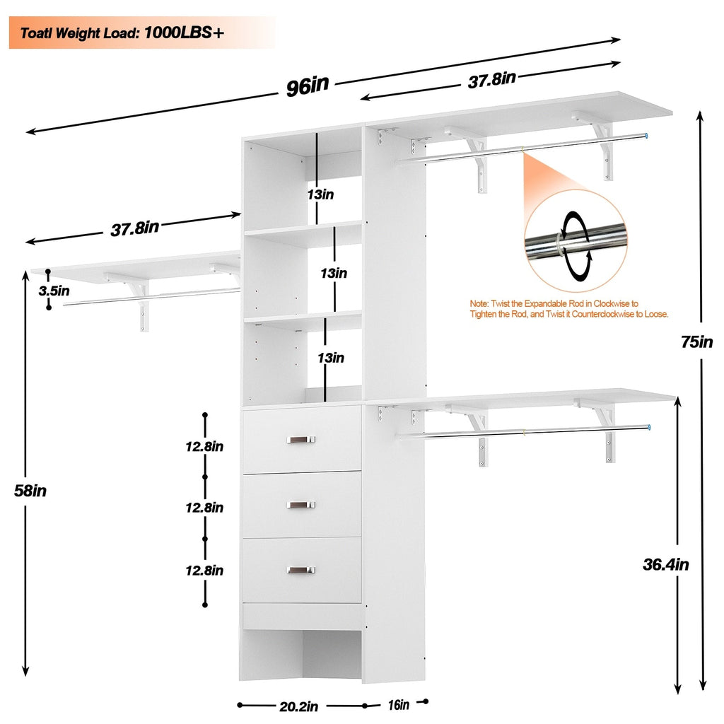 Rackcog 120'' Adjustable Closet Organizer with Drawers, Closet System with DIY Shelves for Reach-in and Walk-in Closet