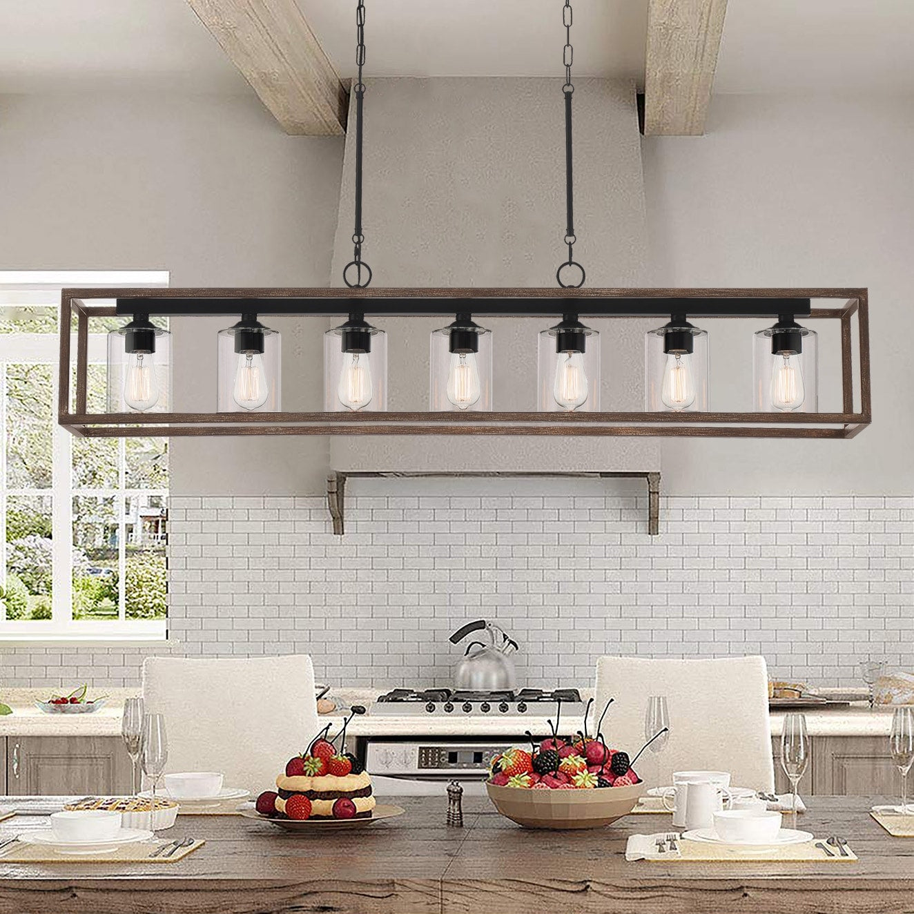 Allegray 52in Farmhouse 7-light Linear Chandelier Rectangle Kitchen Island Pendant