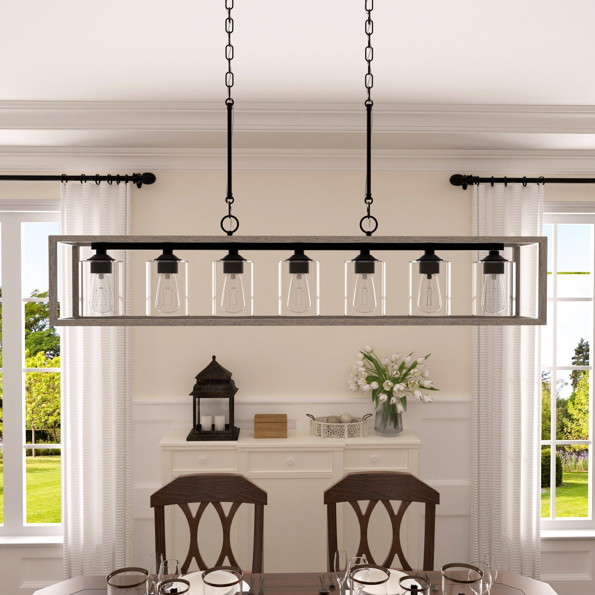 Allegray 52in Farmhouse 7-light Linear Chandelier Rectangle Kitchen Island Pendant
