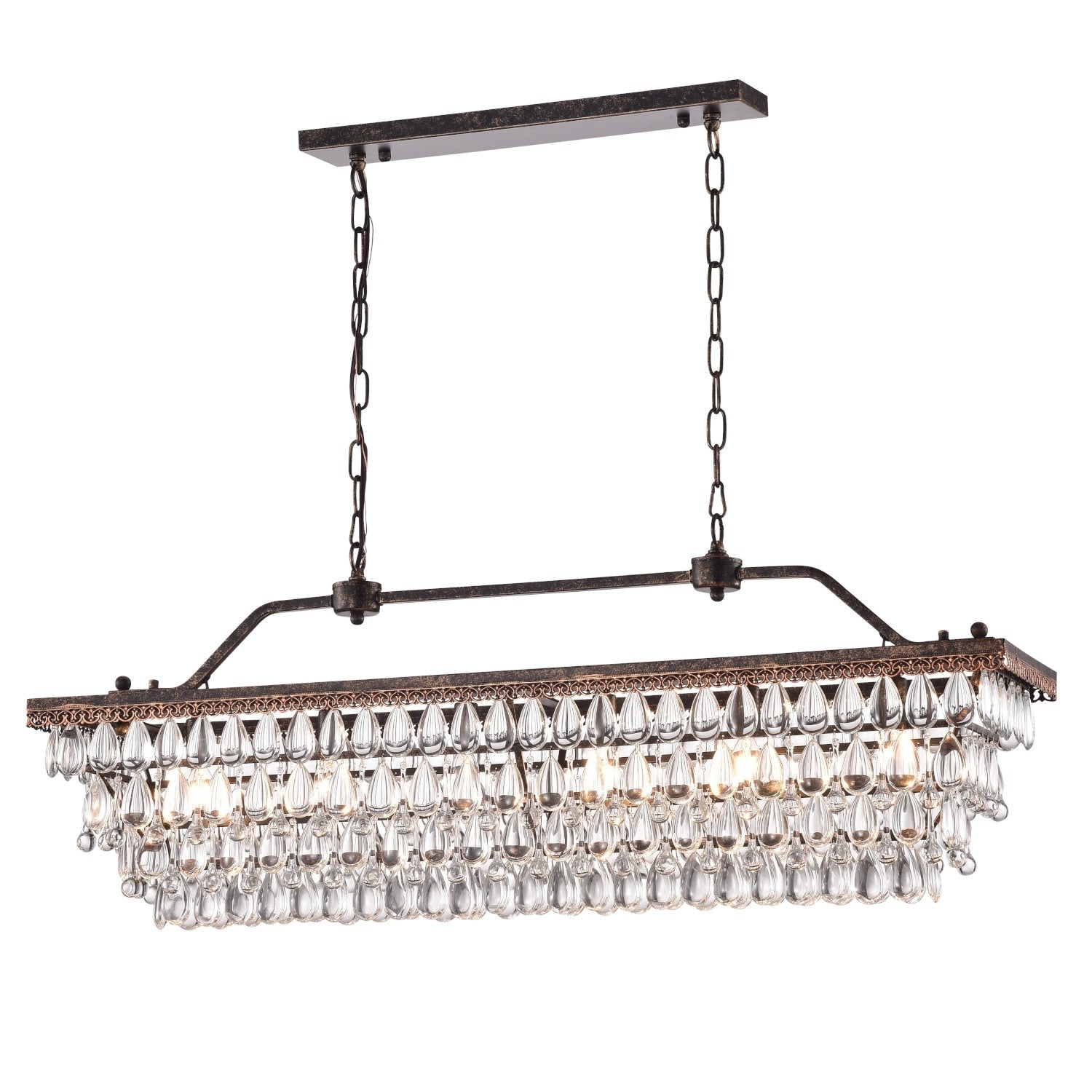 Antique Bronze 6-Light Rectangular Kitchen Island Lighting with Crystal Hanging - Antique Bronze