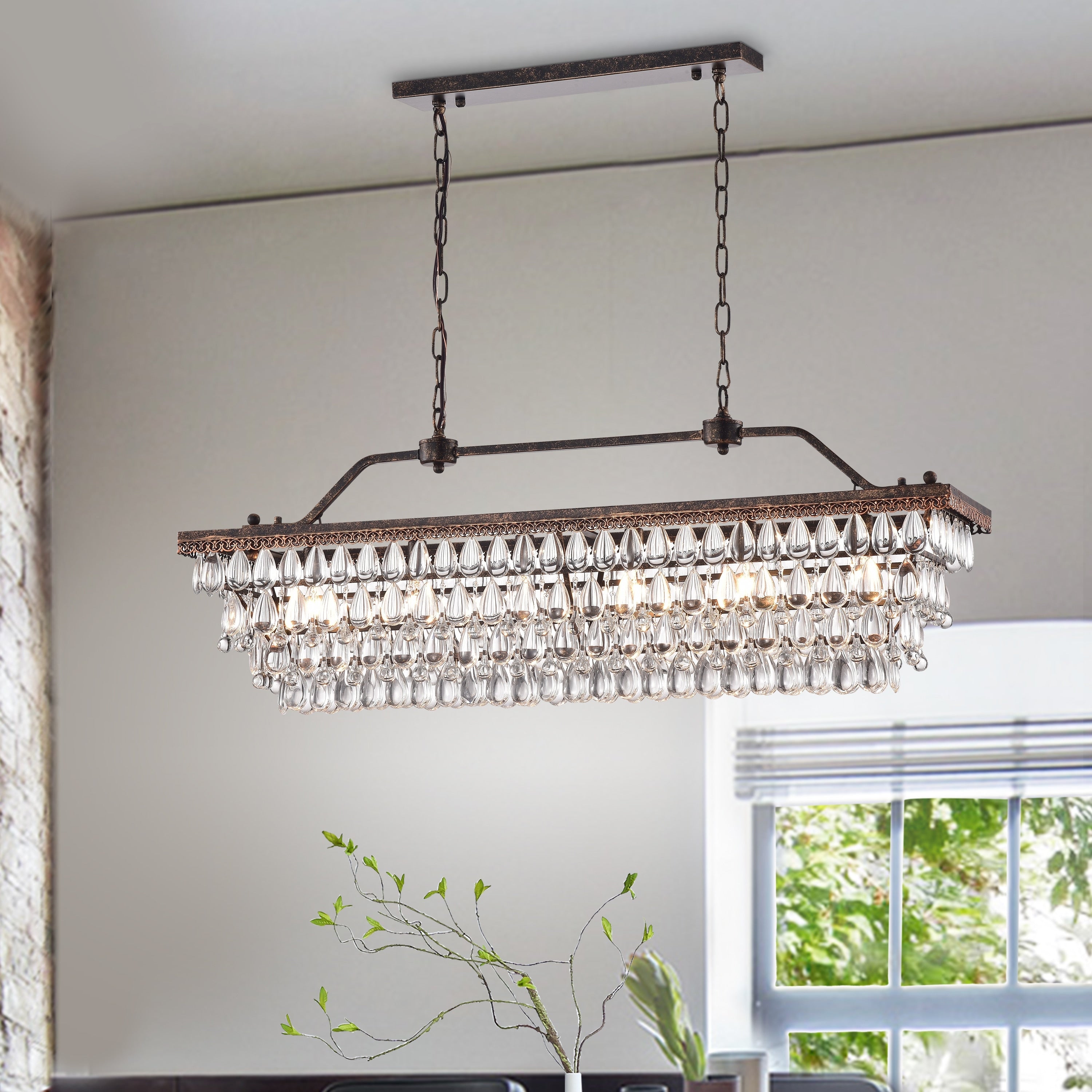 Antique Bronze 6-Light Rectangular Kitchen Island Lighting with Crystal Hanging - Antique Bronze