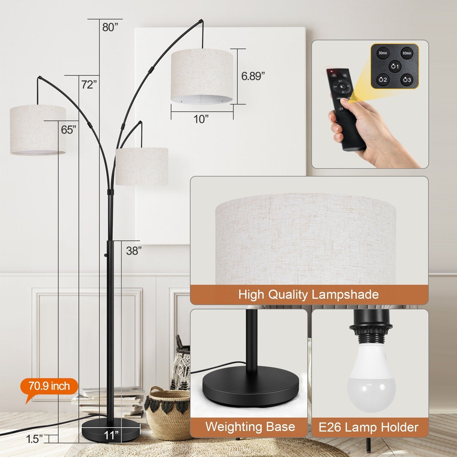 Arc LED Floor Lamp Dimmable Modern Black 3 Light Arched Tall Floor Lamp