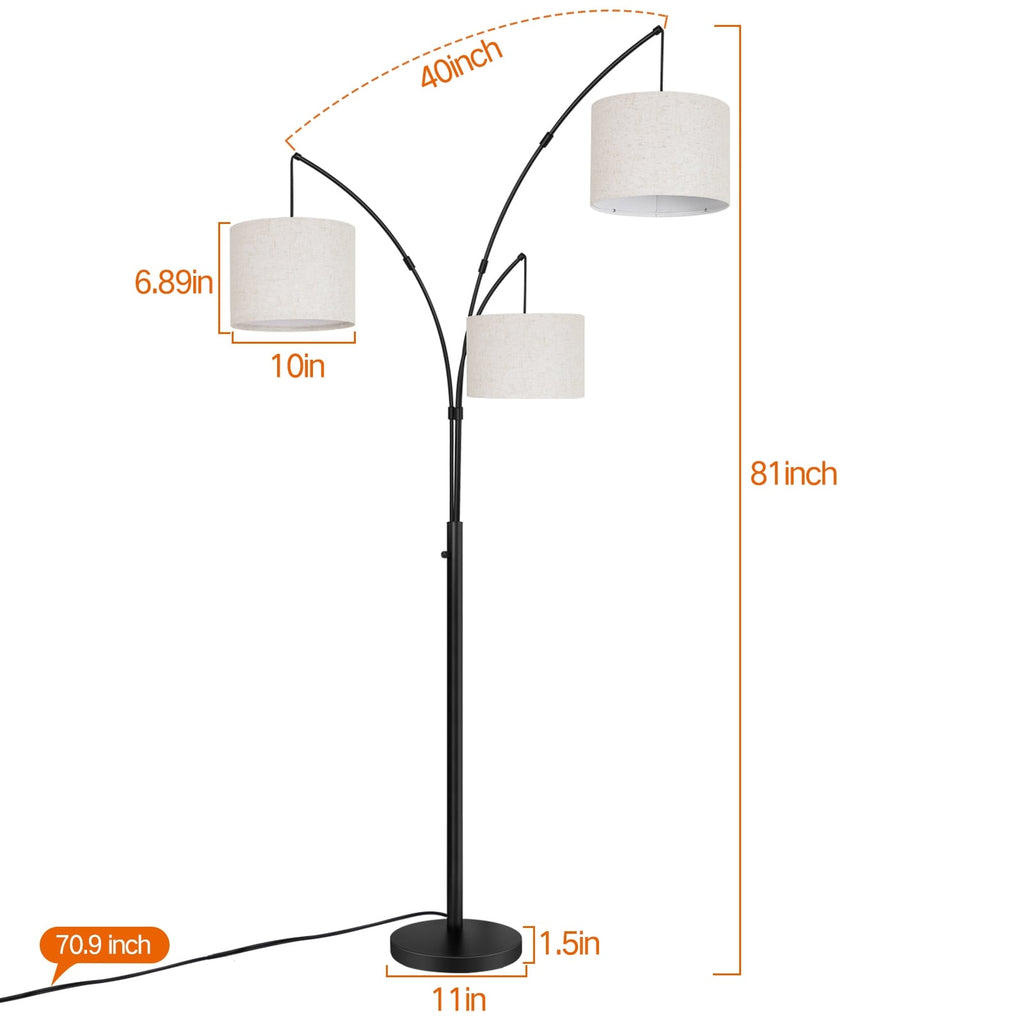 Arc LED Floor Lamp Dimmable Modern Black 3 Light Arched Tall Floor Lamp