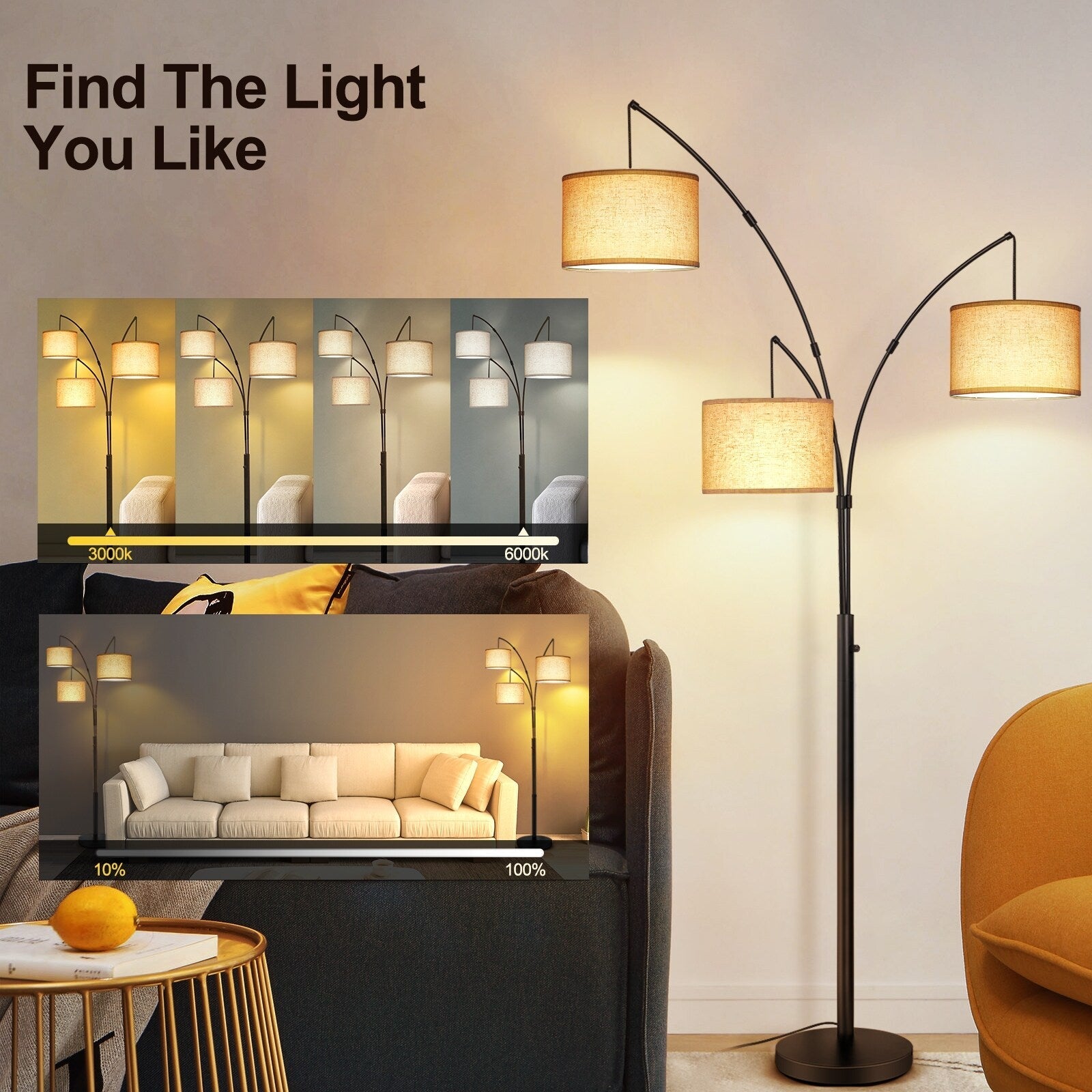 Arc LED Floor Lamp Dimmable Modern Black 3 Light Arched Tall Floor Lamp