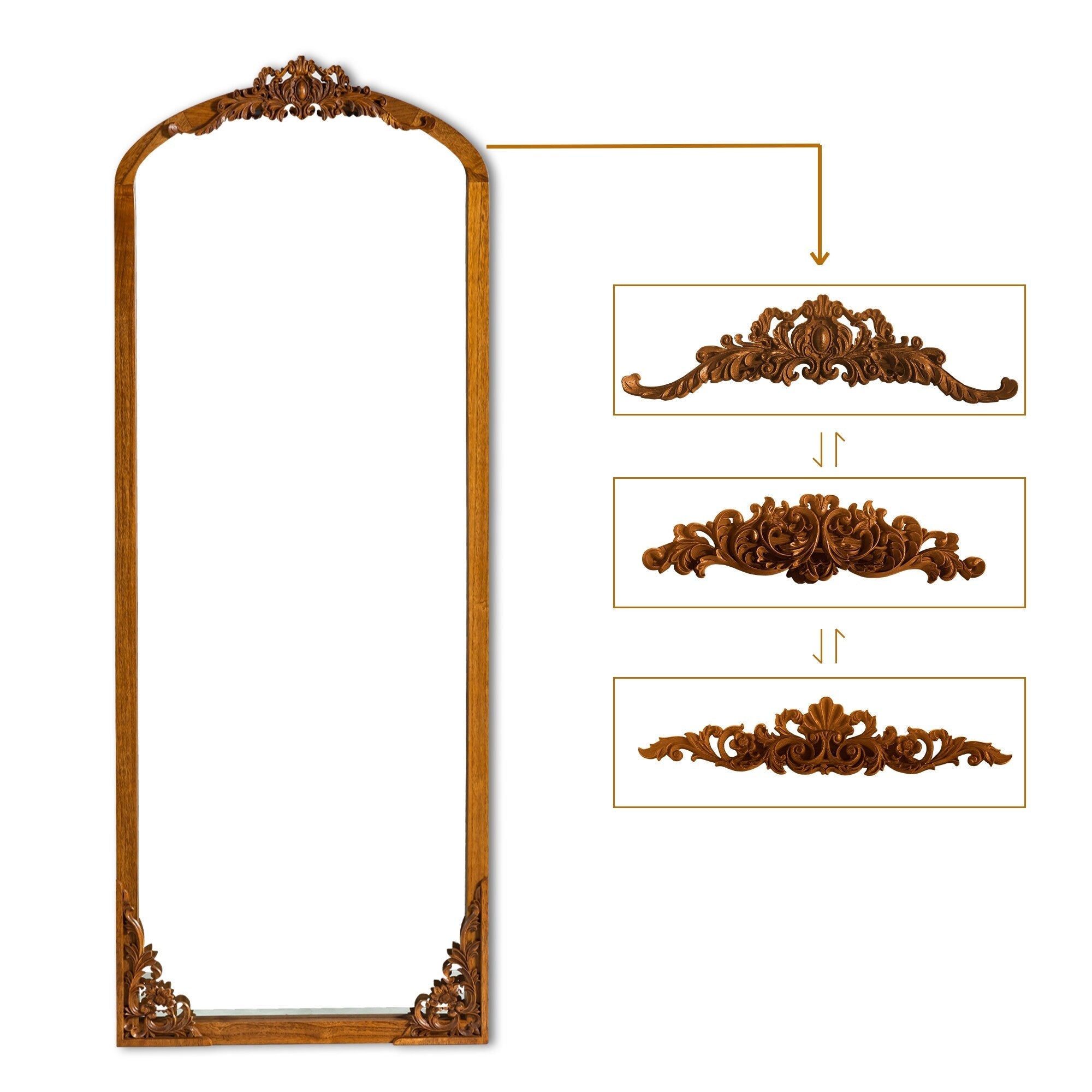 Arched Full-Length Solid Wood Carving Floor Mirror
